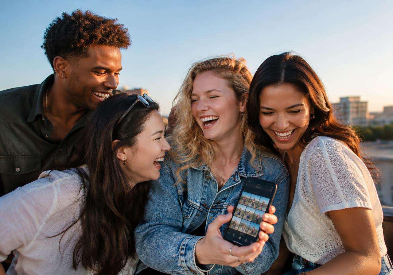Friends laughing together while looking at Chirpeer on a phone
